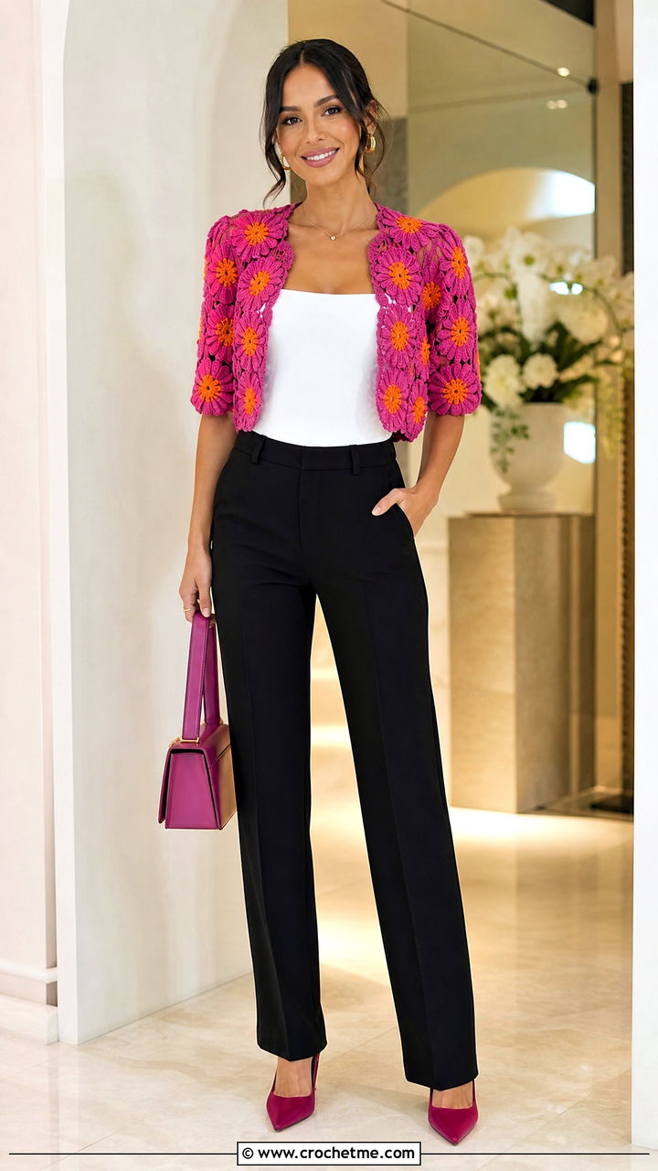 Daisy Bolero Cardigan With High Waist Trousers - 35 Crochet Daisy Cardigan outfit ideas