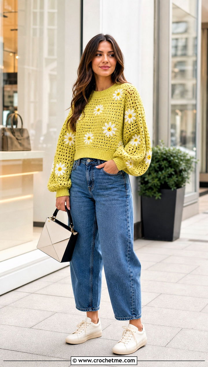 Daisy Bubble Sleeve Sweater With Barrel Jeans - 30 flower crochet sweater outfit ideas