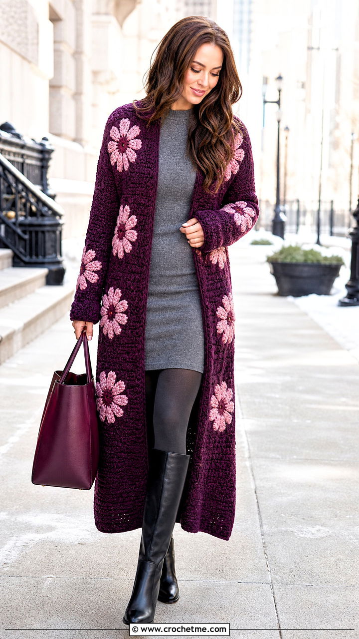 Daisy Cardigan Coat With Sweater Dress - 35 Crochet Daisy Cardigan outfit ideas
