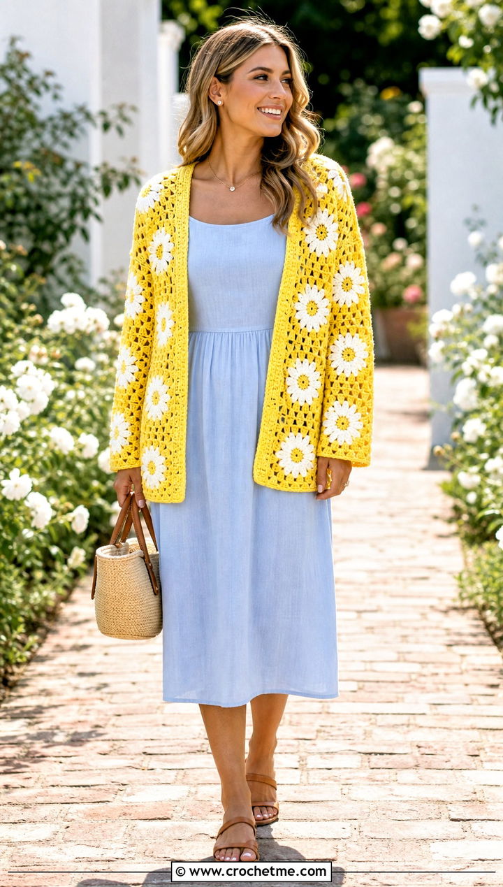 Daisy Center Giant Granny Square Cardigan With Cotton Sundress - 35 giant granny square cardigan outfit ideas