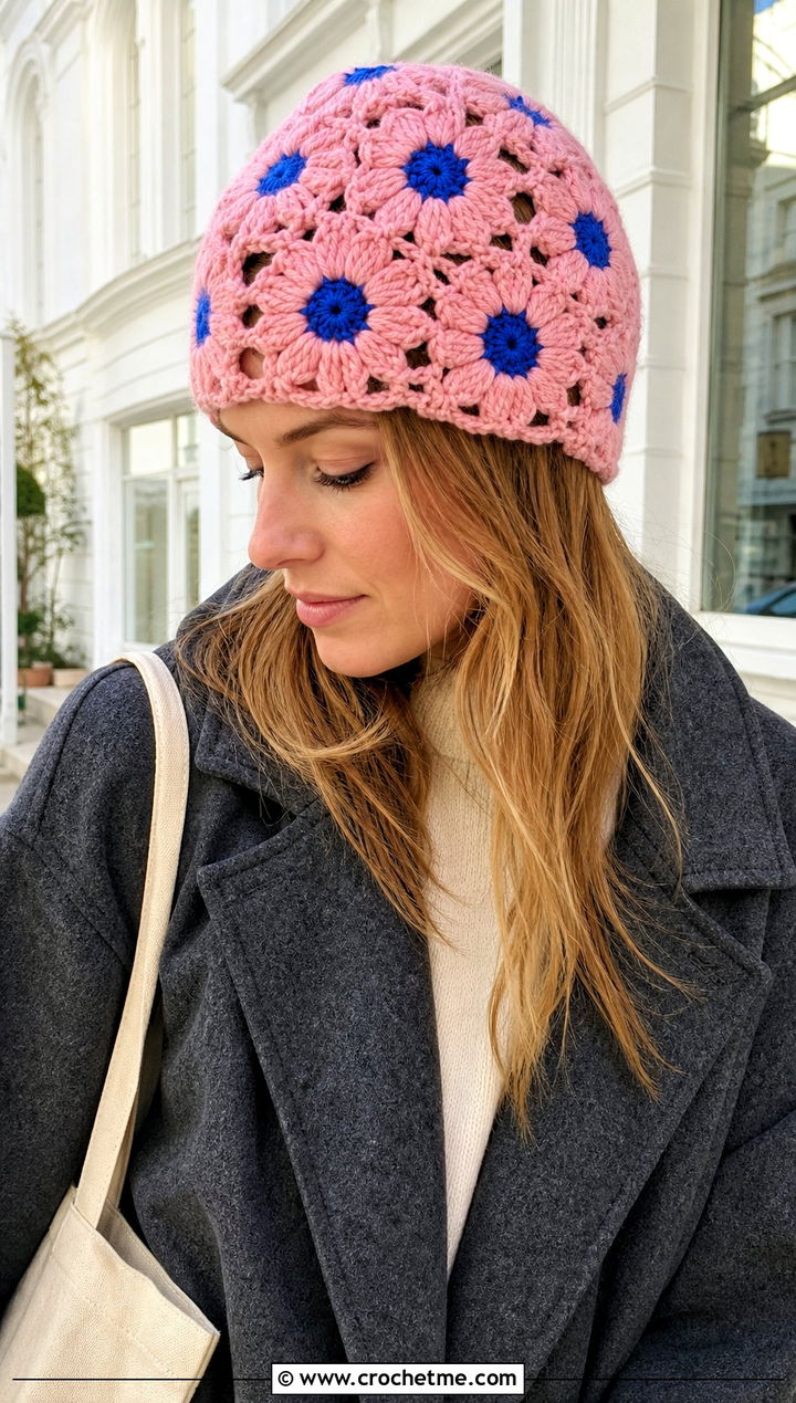 Daisy Chain Crochet Beanie With Wool Coat - 30 crochet flower hat outfit ideas