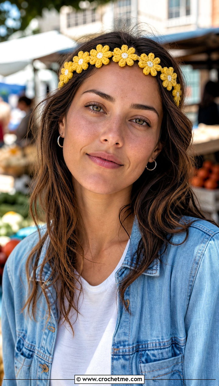 Daisy Chain Crochet Flower Crown Headband With Jeans - 25 crochet flower crown headband outfit ideas