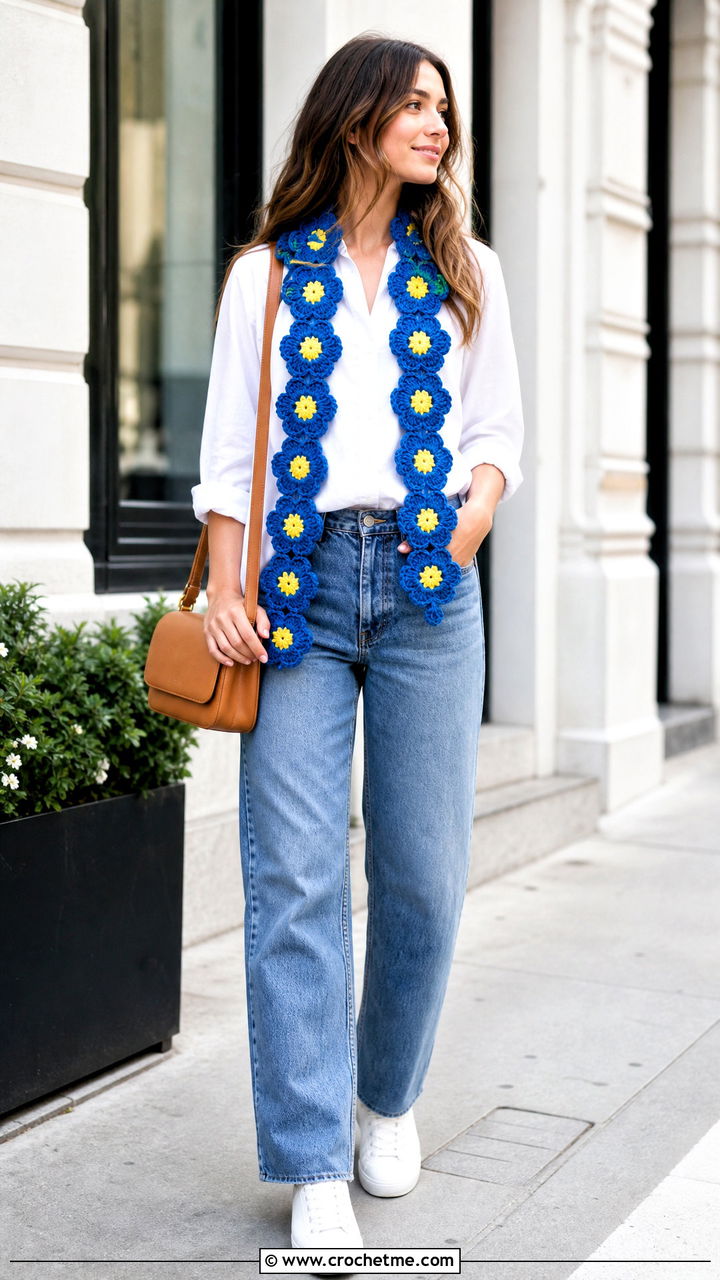 Daisy Chain Crochet Flower Scarf With White Shirt And Jeans - 35 crochet flower scarf outfit ideas