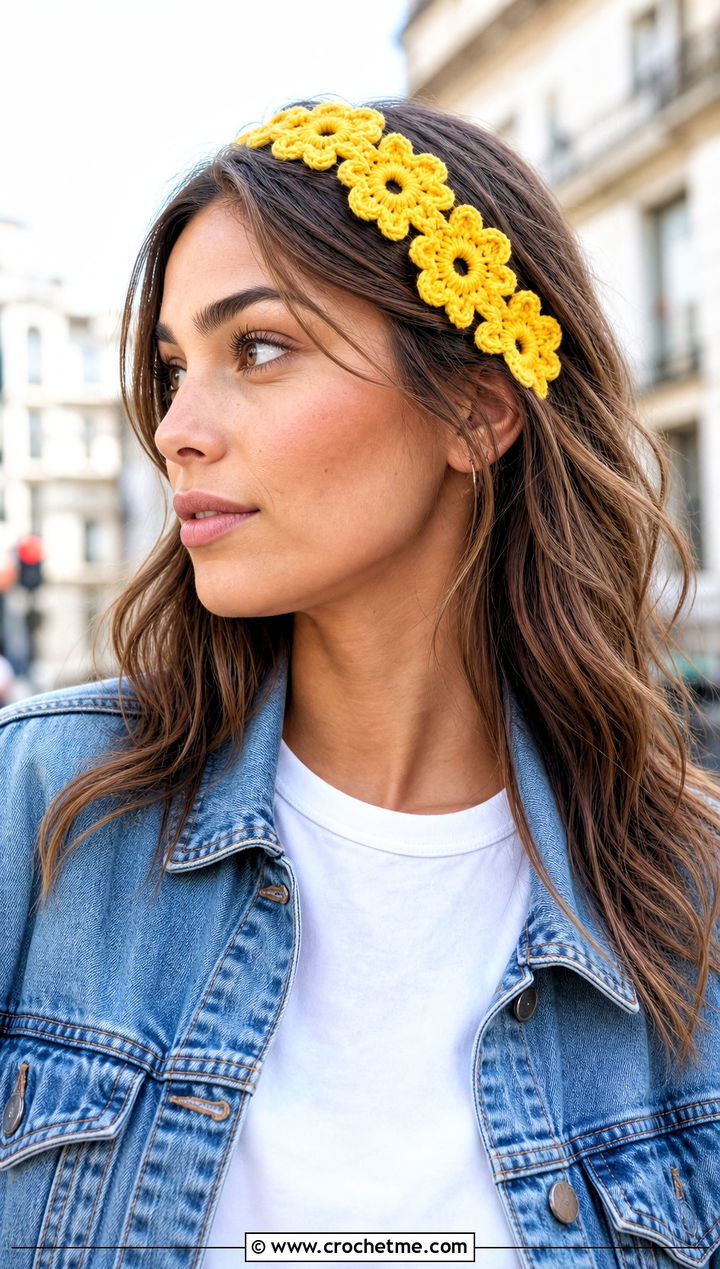 Daisy Chain Crochet Headband Set With Denim Jacket - 15 crochet flower and headband set outfit ideas