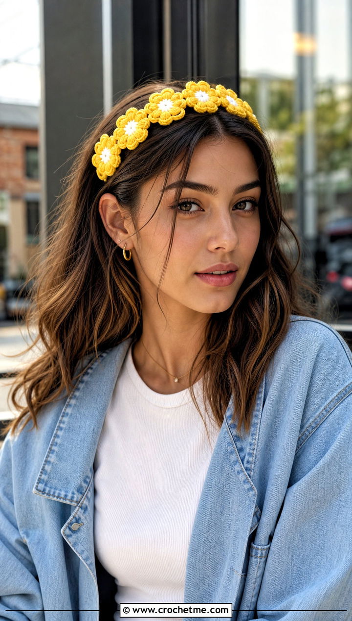 Daisy Chain Crochet Headband With Denim Jacket - 15 crochet headband with flower design outfit ideas