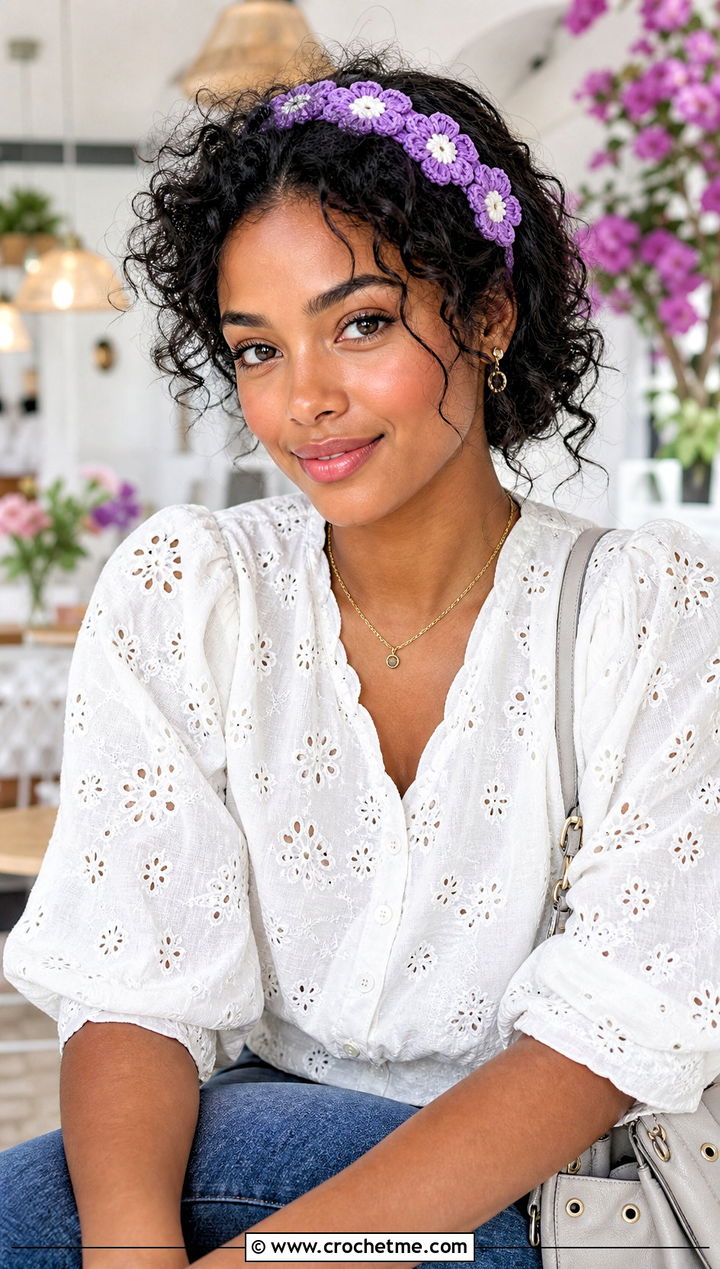 Daisy Chain Crochet Headband With Eyelet Blouse And Cropped Jeans - 30 simple crochet head bands outfit ideas