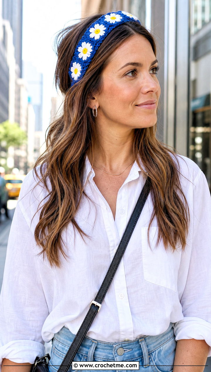 Daisy Chain Crochet Headband With White Shirt And Jeans - 25 Crochet Daisy Headband outfit ideas