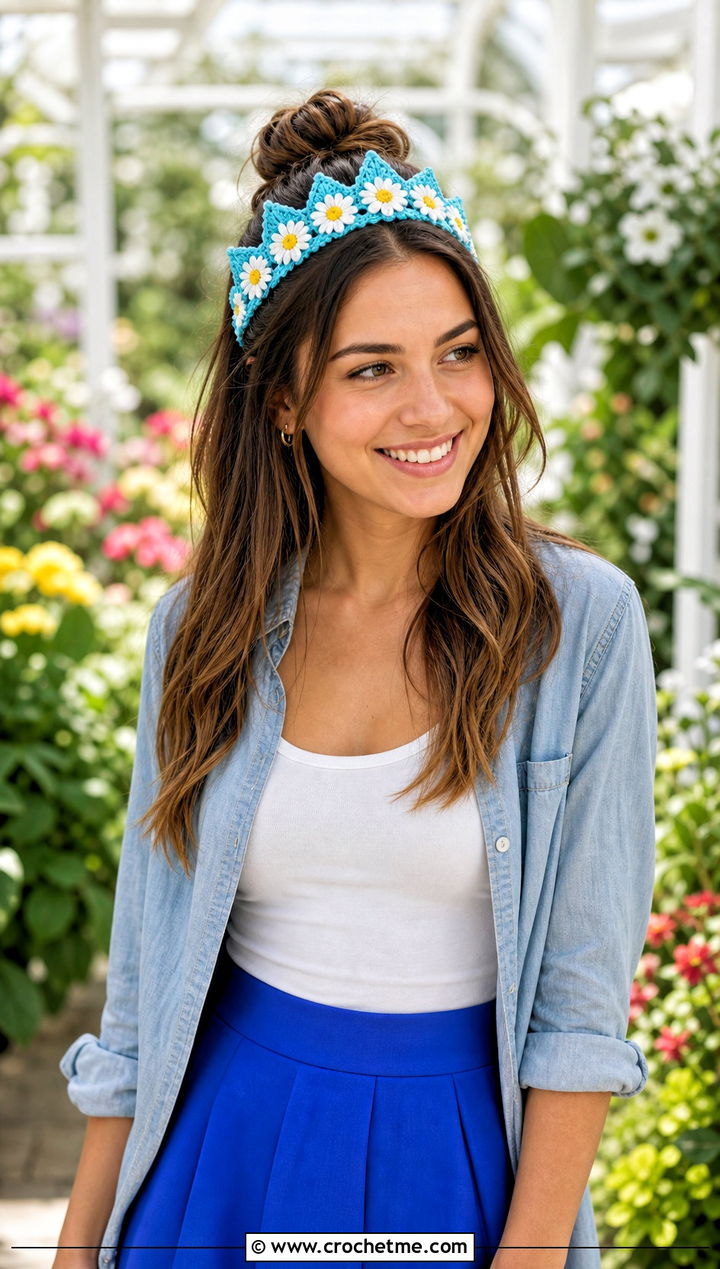 Daisy Chain Crochet Tiara Headband With A Line Skirt - 30 crochet tiara headband outfit ideas