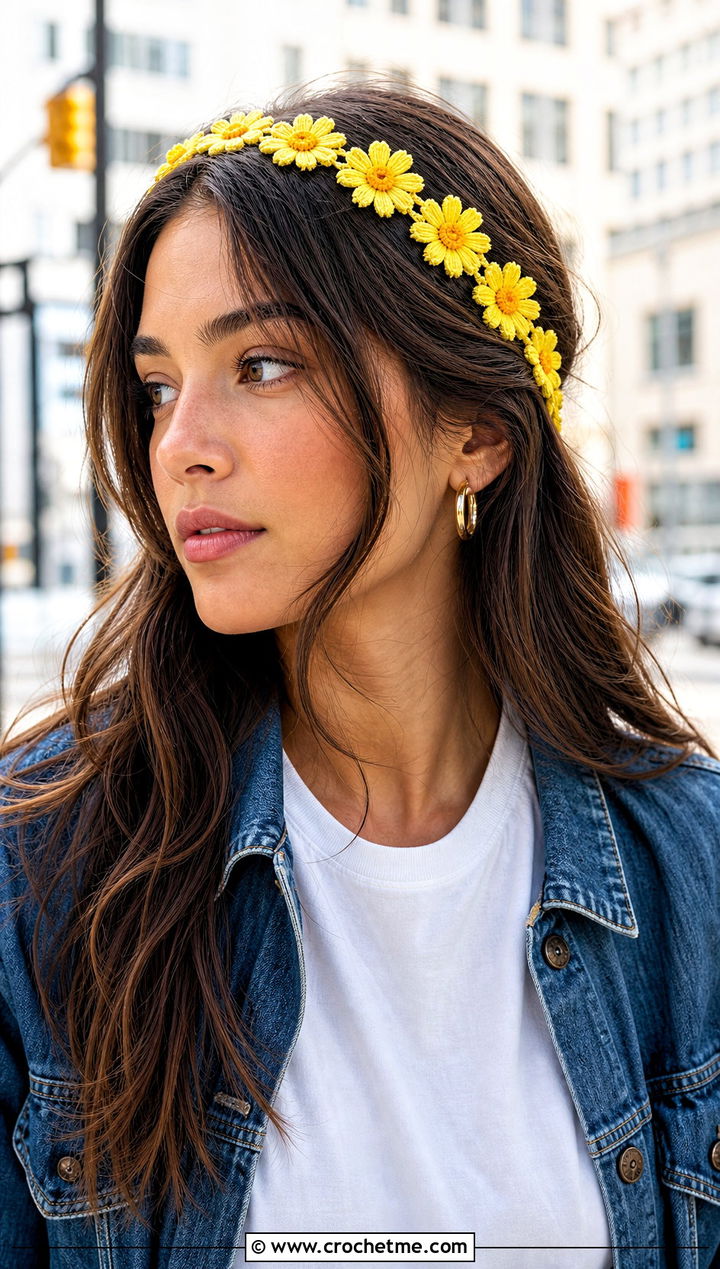 Daisy Chain Elastic Crochet Flower Headband With Denim Outfit - 15 crochet flower headband with elastic outfit ideas