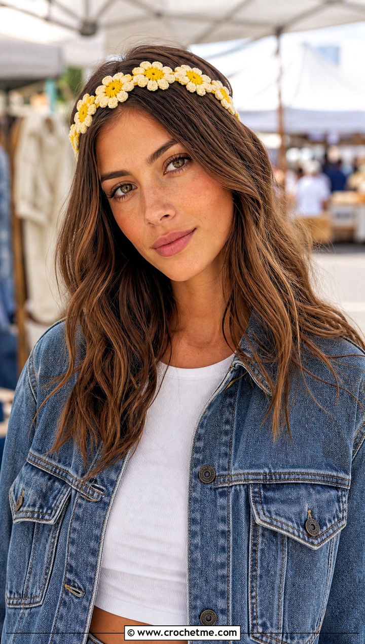 Daisy Chain Flower Headband With Denim Outfit - 15 crochet lovely flower headband outfit ideas