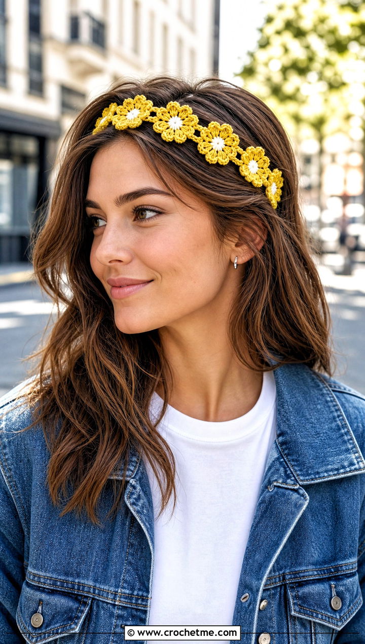 Daisy Chain Lace Crochet Flower Headband With Denim Jacket - 15 crochet flower headband on lace background outfit ideas