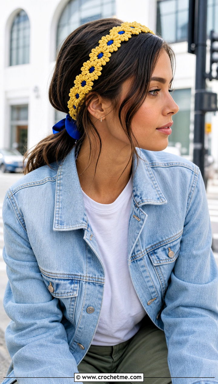 Daisy Chain Ribbon Tie Crochet Headband With Denim Jacket - 15 crochet headband with flower and ribbon outfit ideas
