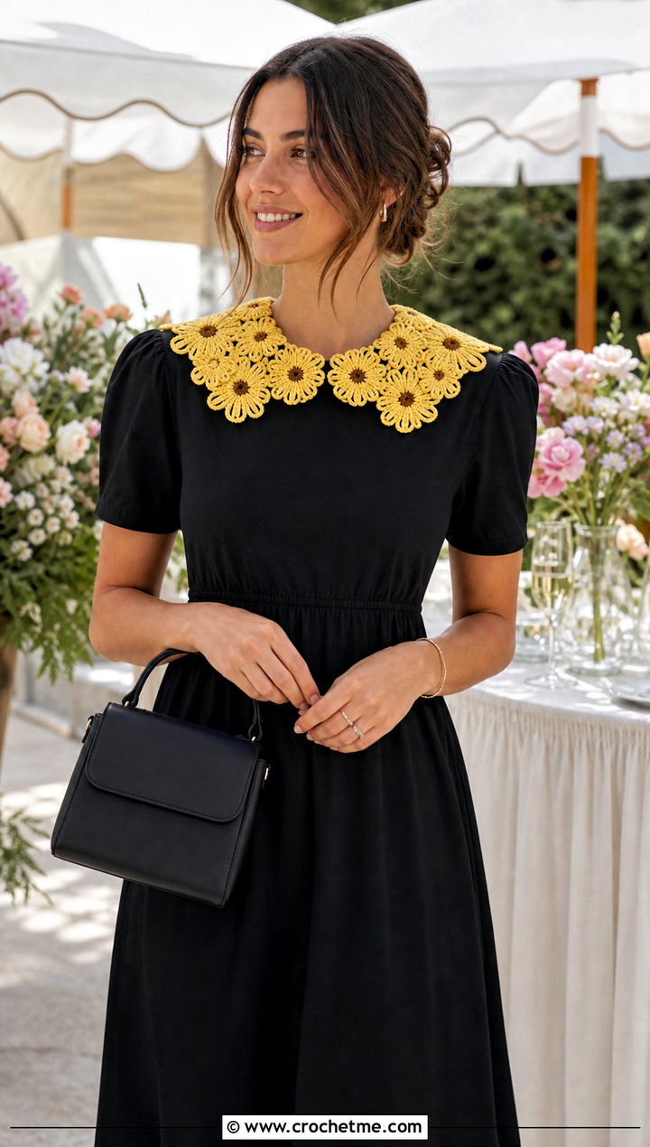 Daisy Chain Scalloped Collar With Black Dress - 15 handmade floral crochet collar outfit ideas