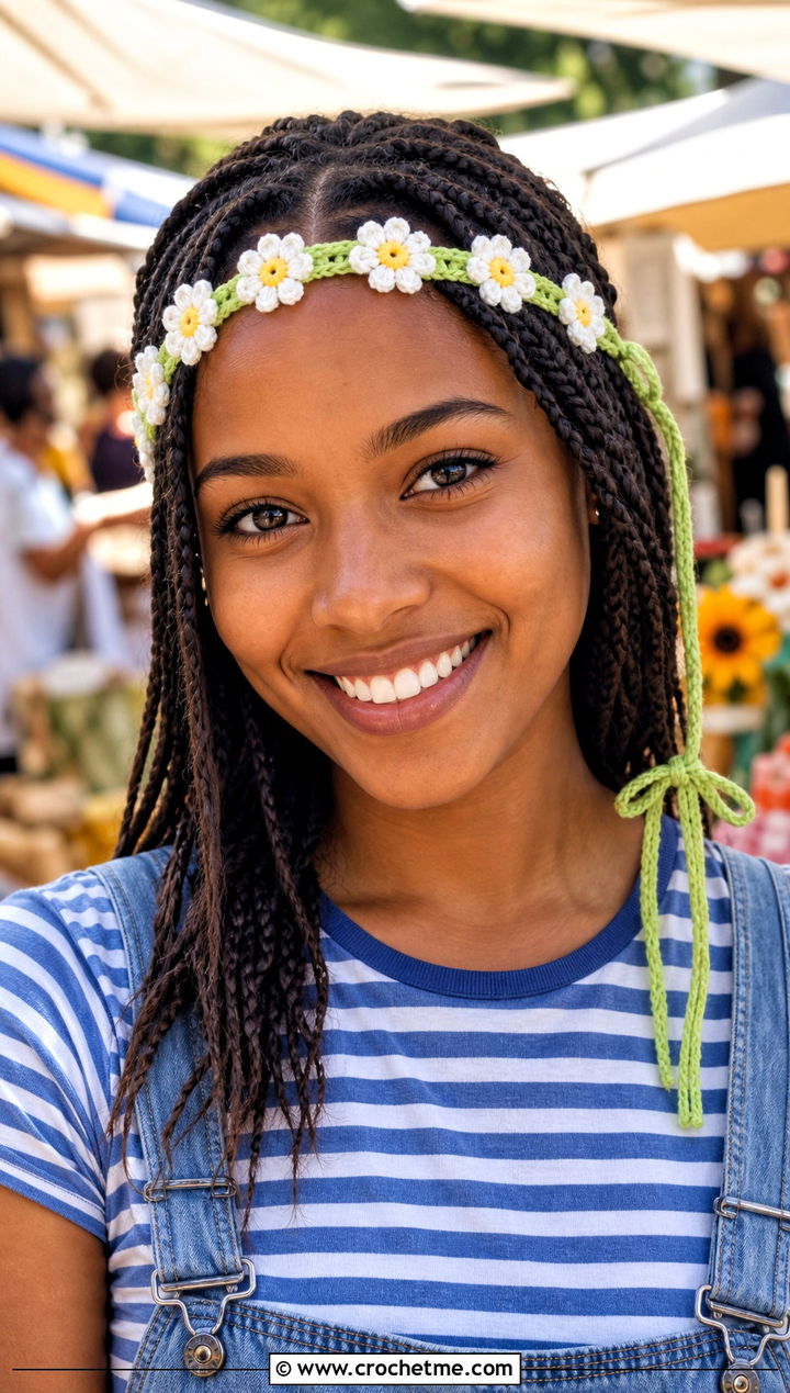 Daisy Chain Tie Crochet Adjustable Headband With Overalls - 20 Crochet Adjustable Headband outfit ideas