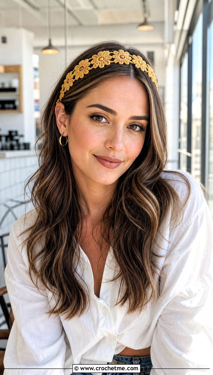 Daisy Chain Tie Headband With White Shirt And Jeans - 30 crochet headband with flower outfit ideas