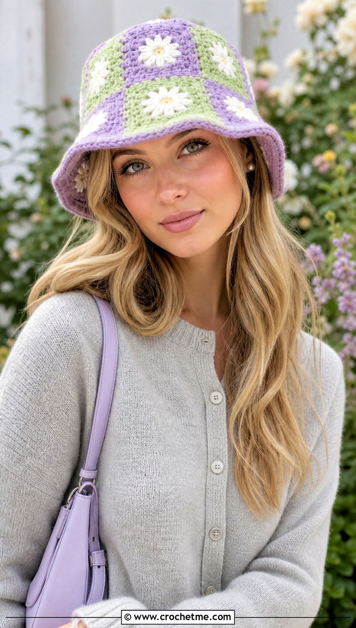 Daisy Check Crochet Bucket Hat With Cardigan And Midi Skirt - 20 checkerboard crochet bucket hat outfit ideas