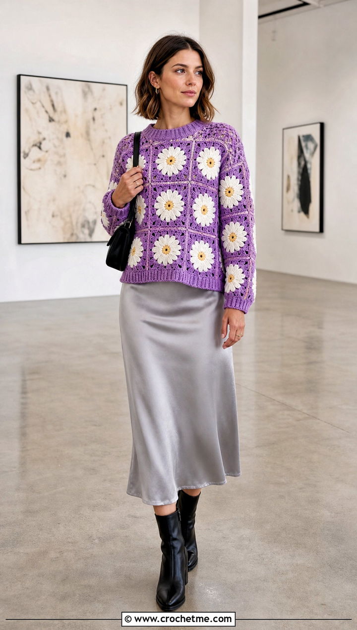 Daisy Checkerboard Crochet Sweater With Satin Skirt - 20 Funny Crochet Clothes and outfit ideas