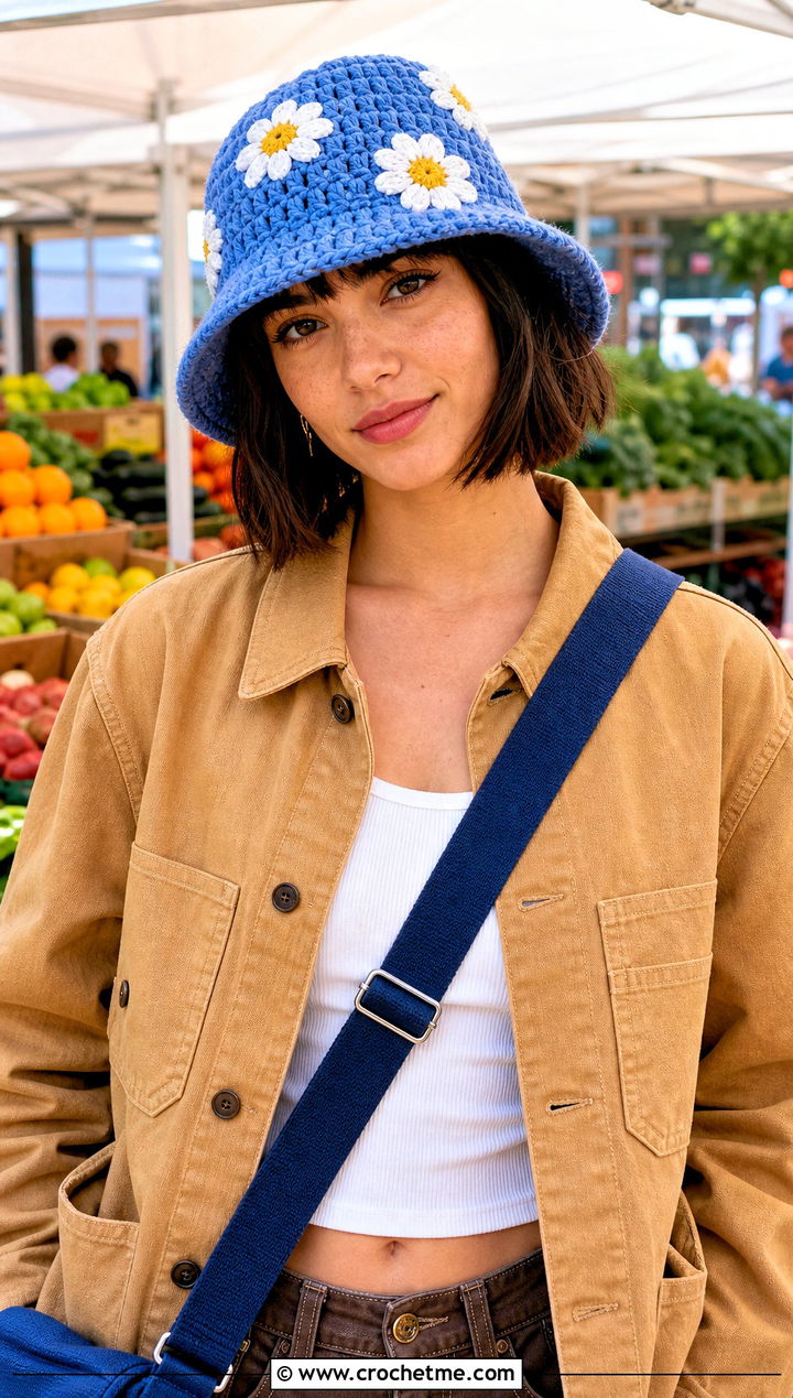Daisy Chunky Bucket Hat With Workwear Jacket - 30 crochet chunky bucket hat outfit ideas