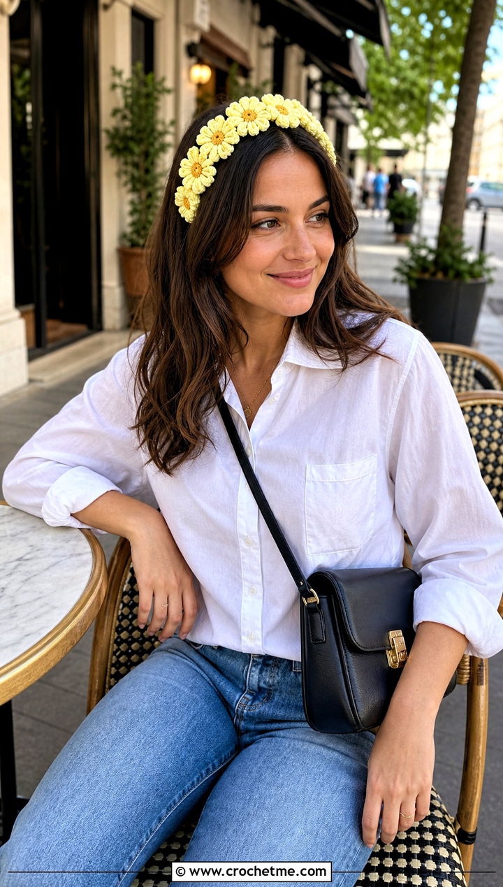 Daisy Cluster Crochet Flower Headband With White Shirt And Jeans - 15 crochet flower embellished headband outfit ideas