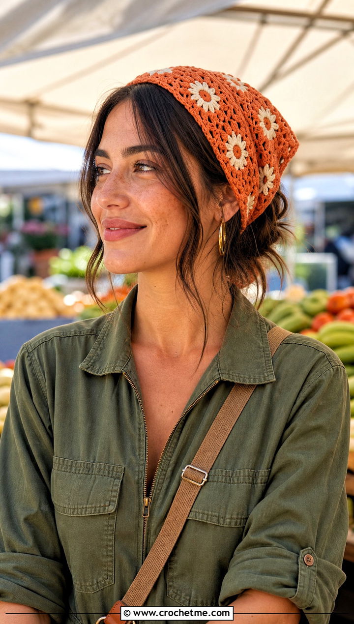 Daisy Crochet Bandana With Utility Jumpsuit - 25 crochet bandana hair scarf outfit ideas