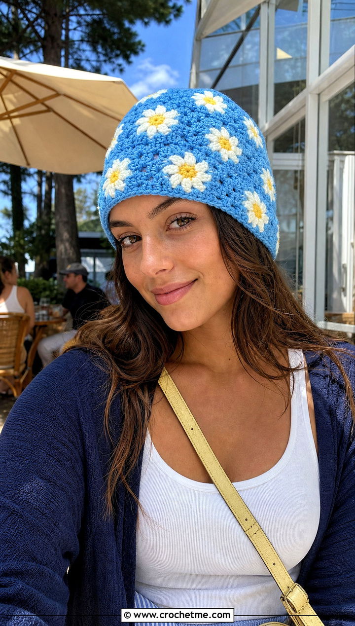 Daisy Crochet Beanie With Cardigan And Tennis Skirt - 30 summer crochet beanie outfit ideas