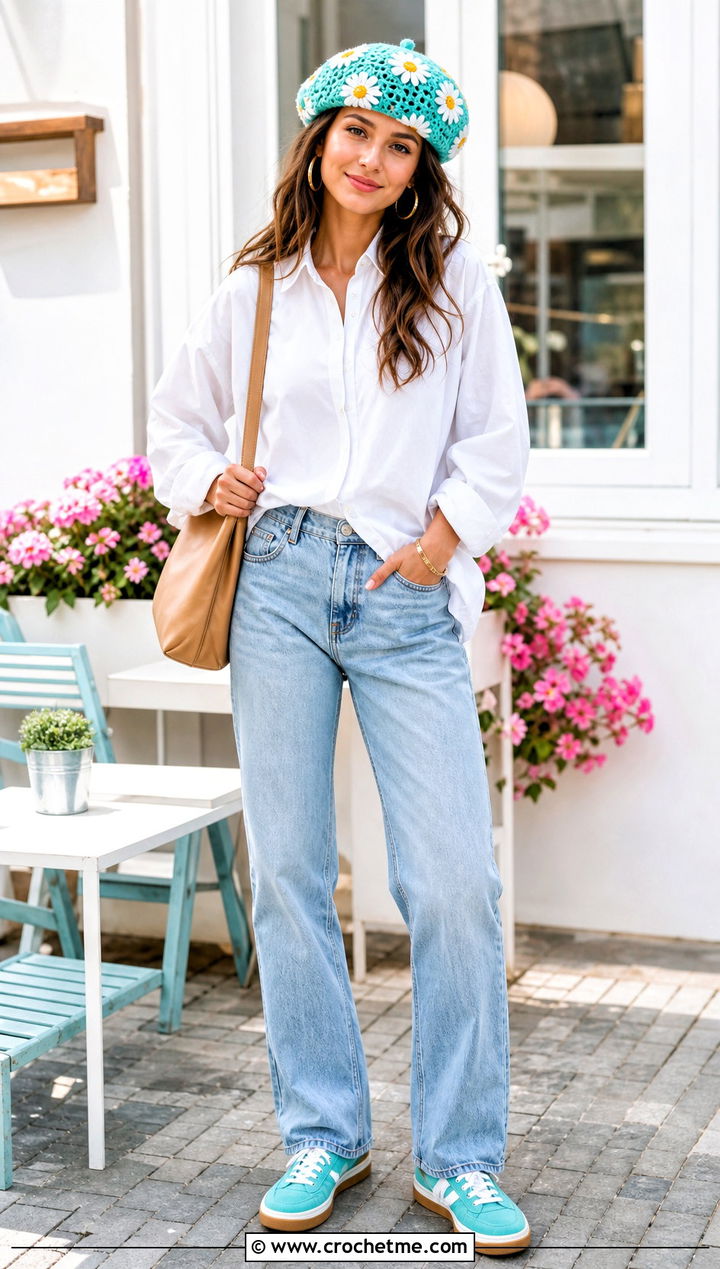 Daisy Crochet Beret With White Shirt And Jeans - 35 easy crochet beret outfit ideas