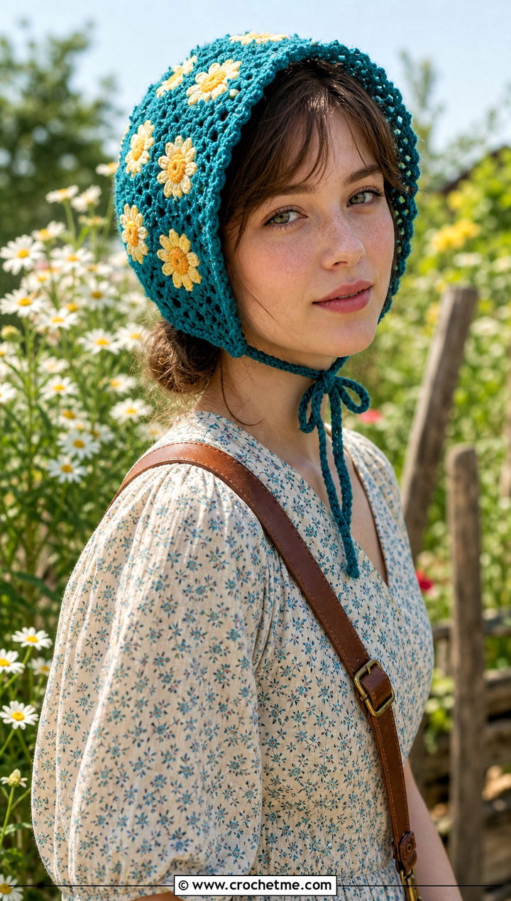 Daisy Crochet Bonnet With Prairie Dress - 30 crochet flower hat outfit ideas