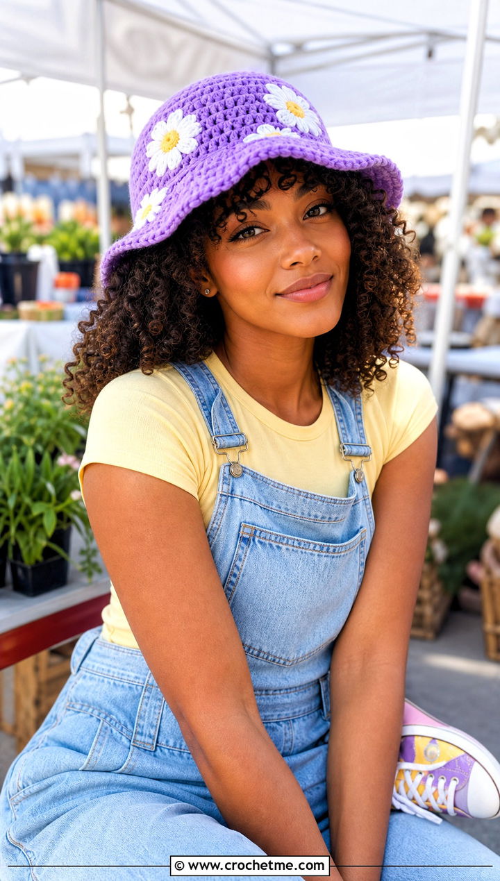 Daisy Crochet Bucket Hat With Curly Hair And Overalls - 30 crochet hat with hair outfit ideas