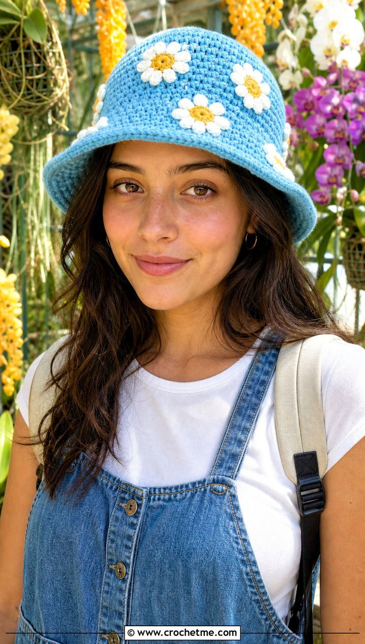 Daisy Crochet Bucket Hat With Pinafore Dress - 30 easy crochet bucket hat outfit ideas