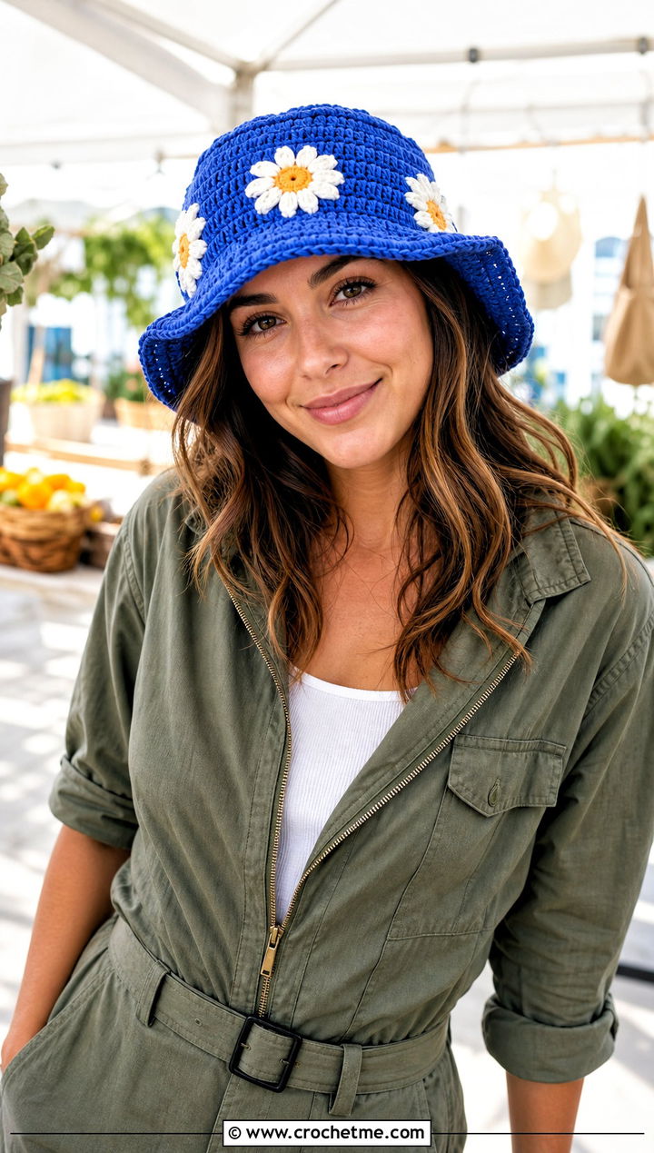 Daisy Crochet Bucket Hat With Utility Jumpsuit - 25 Crochet Bucket Hat For Women outfit ideas