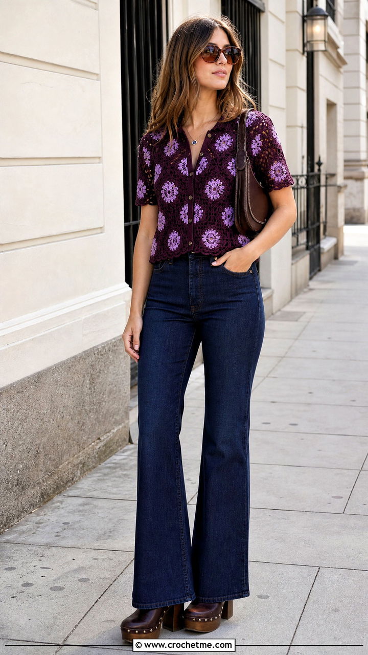 Daisy Crochet Button Front Top With Flared Jeans - 35 crochet daisy top outfit ideas