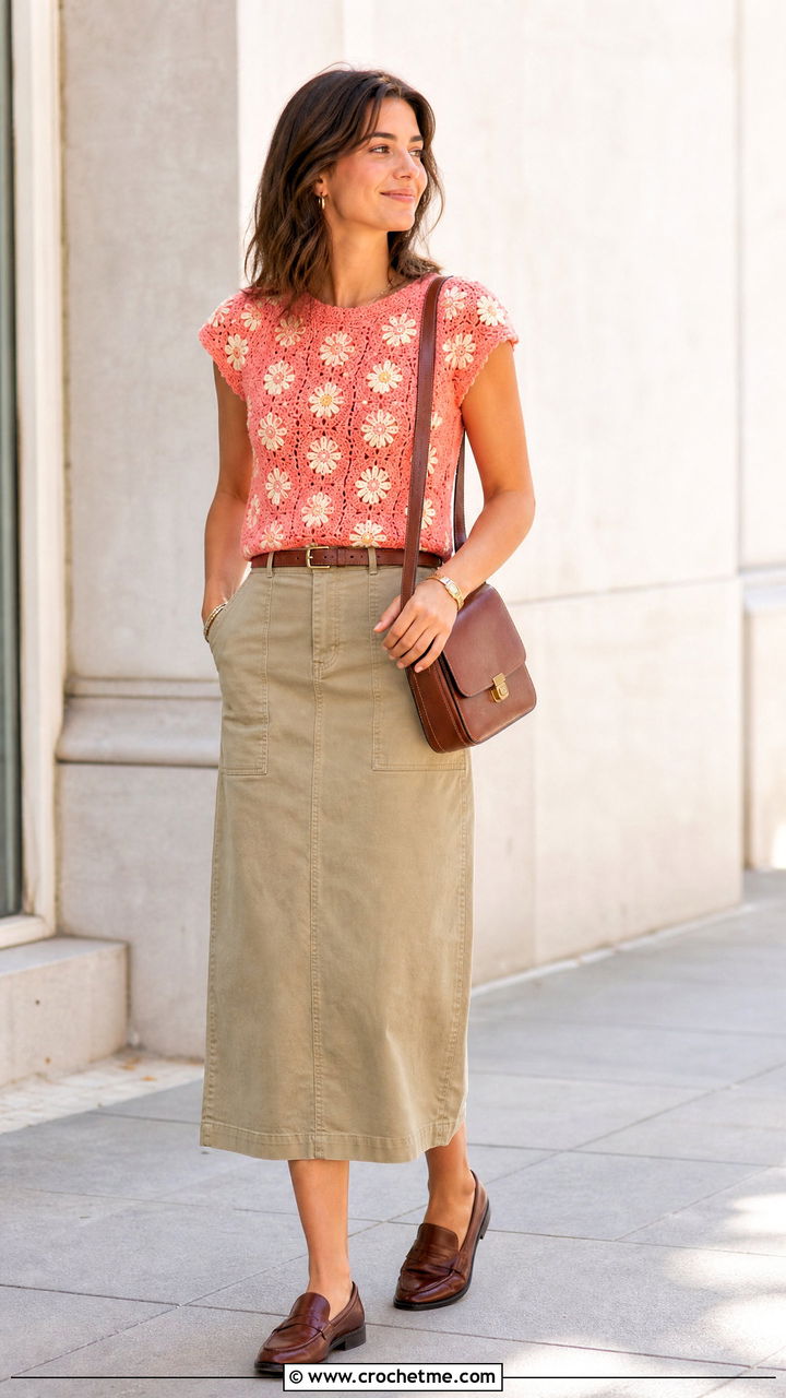 Daisy Crochet Cap Sleeve Top With Khaki Midi Skirt - 35 crochet daisy top outfit ideas