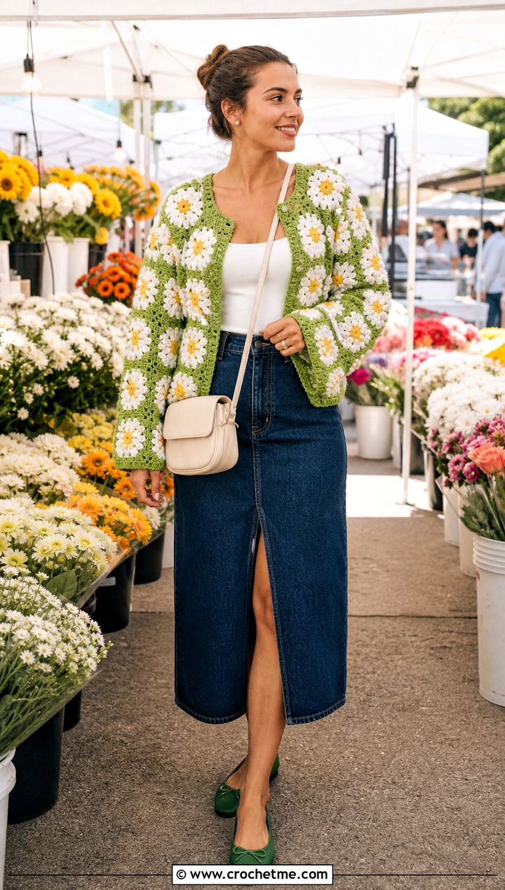 Daisy Crochet Cardigan With A Denim Midi Skirt - 25 green and white crochet cardigan outfit ideas