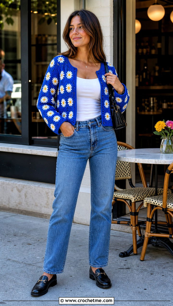 Daisy Crochet Cardigan With Straight Leg Jeans - 15 Colorful Floral Crochet Clothing and outfit ideas