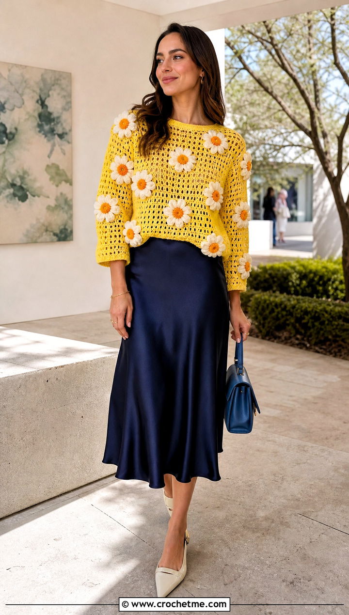 Daisy Crochet Character Sweater With Satin Midi Skirt - 20 Crochet Character Sweater outfit ideas