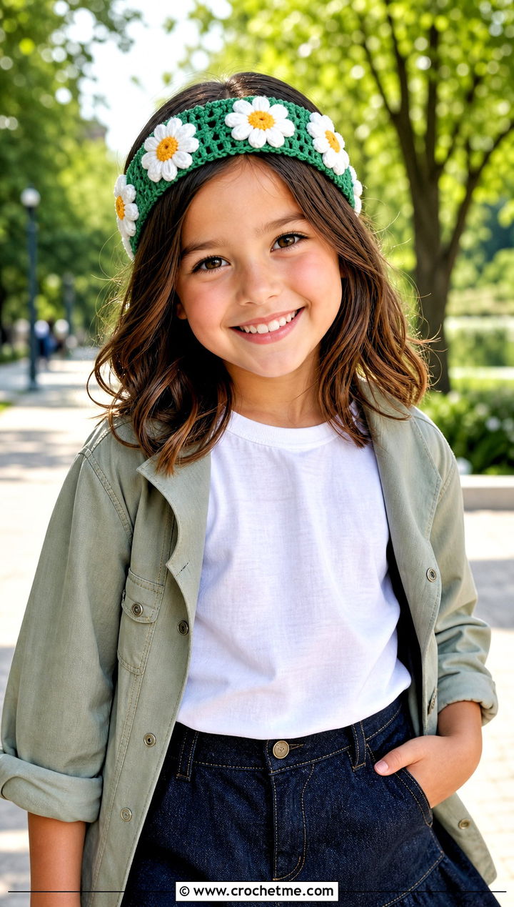 Daisy Crochet Child Headband With Denim Skirt - 20 Crochet Childs Headband outfit ideas