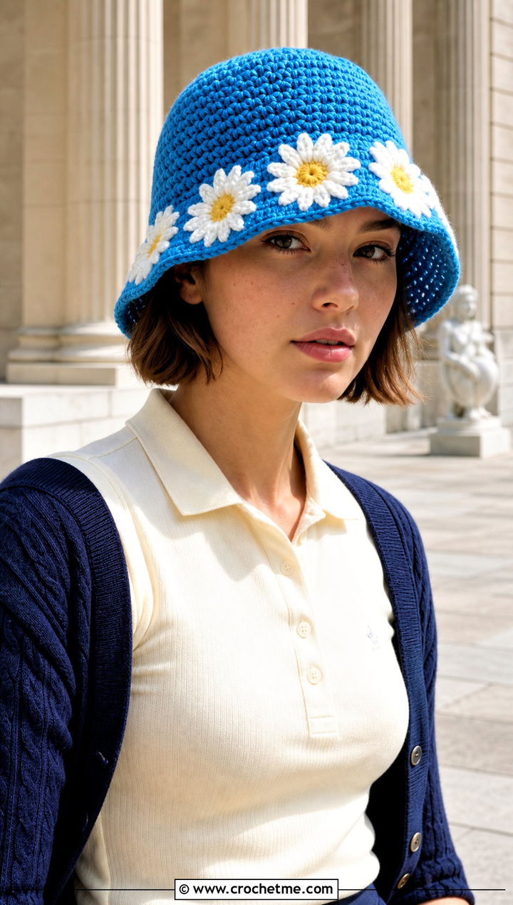 Daisy Crochet Cloche Hat With Preppy Skirt - 30 crochet funny hats outfit ideas