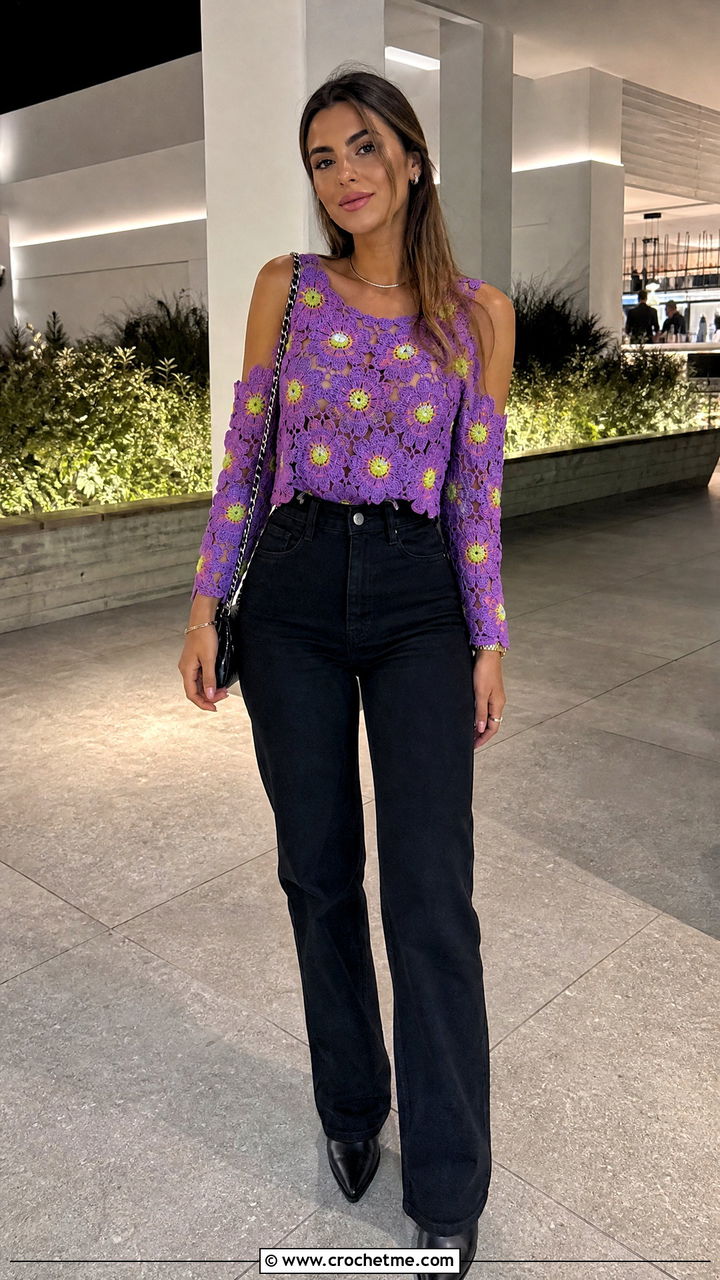 Daisy Crochet Cold Shoulder Top With Black Jeans - 35 crochet daisy top outfit ideas