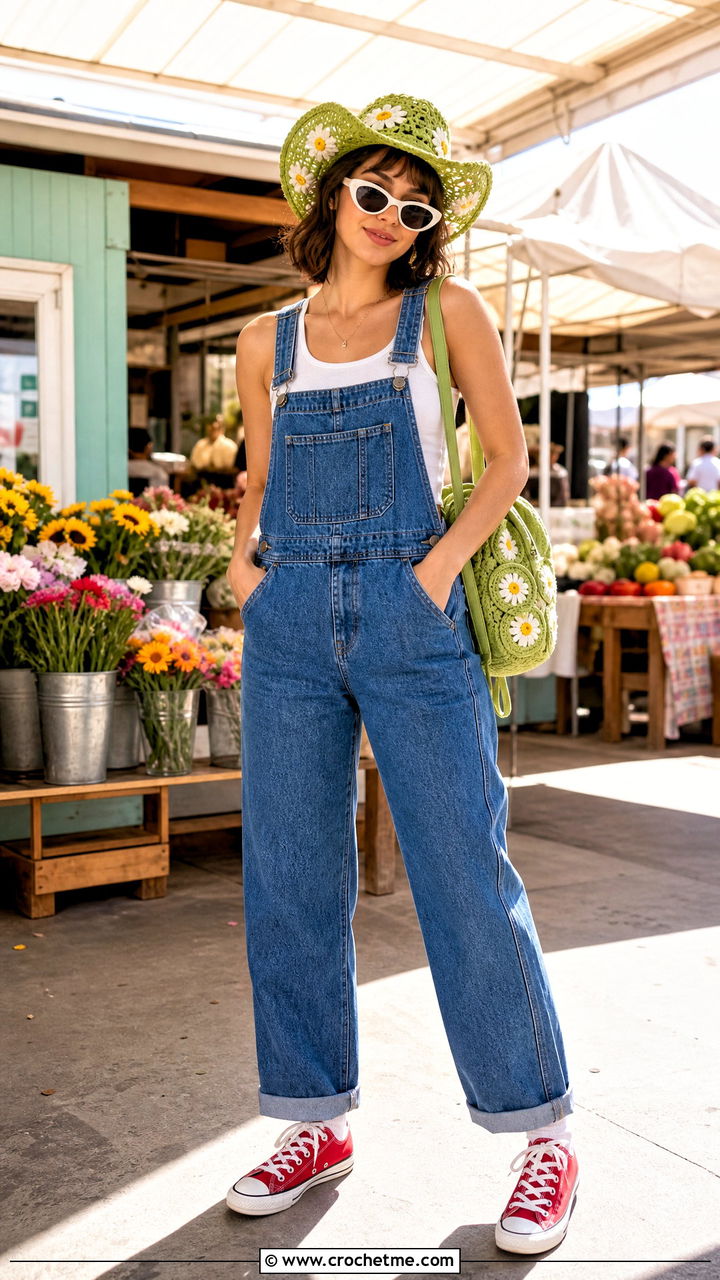 Daisy Crochet Cowboy Hat With Overalls - 35 crochet cowboy hat outfit ideas