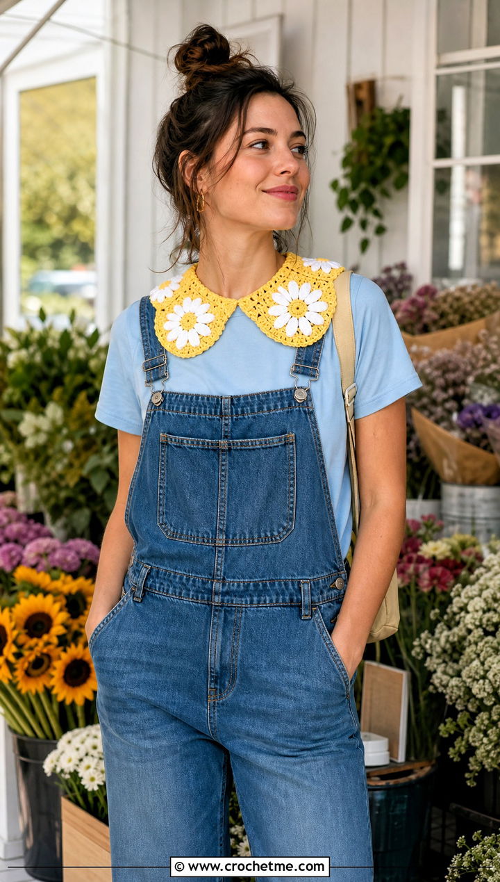 Daisy Crochet Doll Collar With Overalls And Canvas Sneakers - 25 Crochet Doll Collar outfit ideas