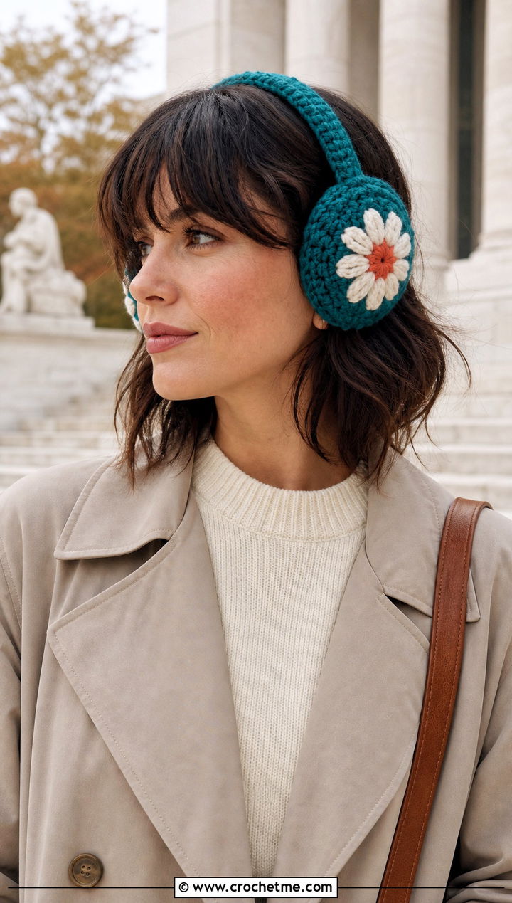 Daisy Crochet Earmuffs Headband With Trench Coat - 25 Crochet Earmuffs Headband outfit ideas