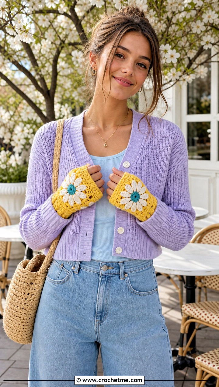 Daisy Crochet Fingerless Mittens With Cardigan And Jeans - 25 crochet fingerless mittens outfit ideas