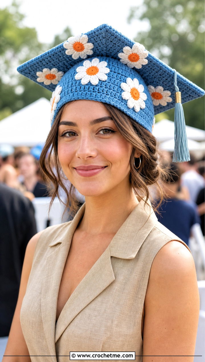 Daisy Crochet Graduation Cap Cover With Linen Jumpsuit - 30 crochet graduation cap cover outfit ideas