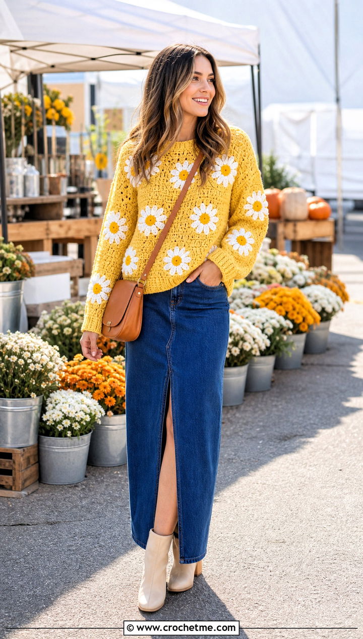 Daisy Crochet Graphic Sweater With Denim Maxi Skirt - 30 crochet graphic sweater outfit ideas