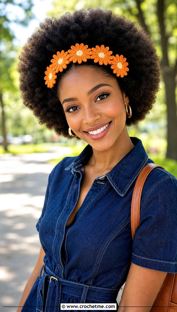 Daisy Crochet Headband With Denim Dress - 30 crochet headband curly hair outfit ideas