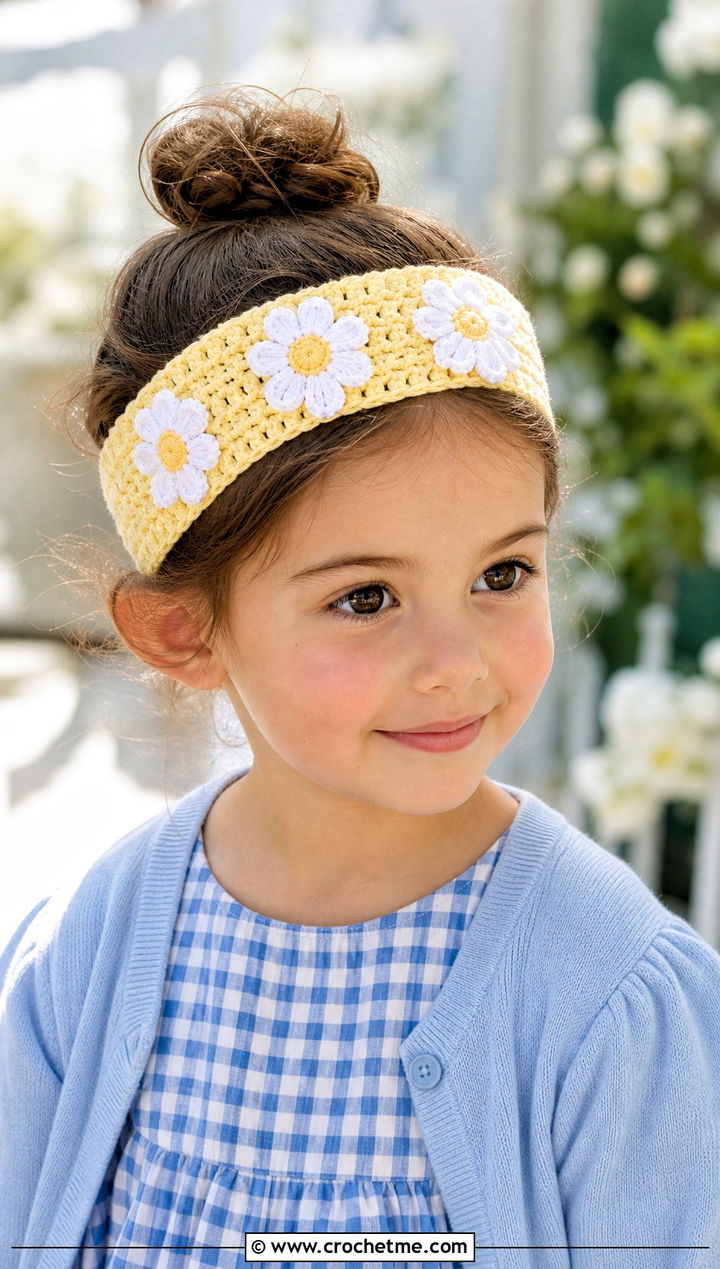 Daisy Crochet Headband With Gingham Dress - 15 Childrens Crochet Headband outfit ideas