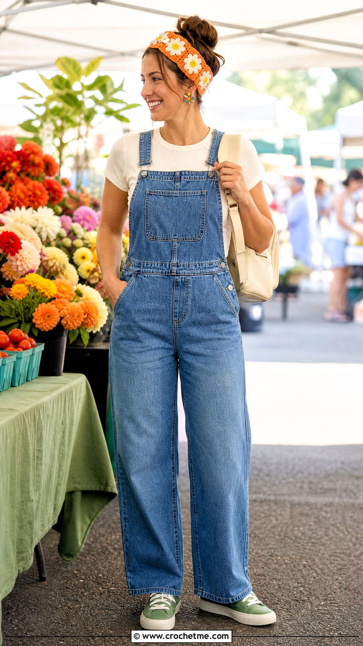 Daisy Crochet Headband With Overalls And Sneakers - 35 easy crochet headband outfit ideas