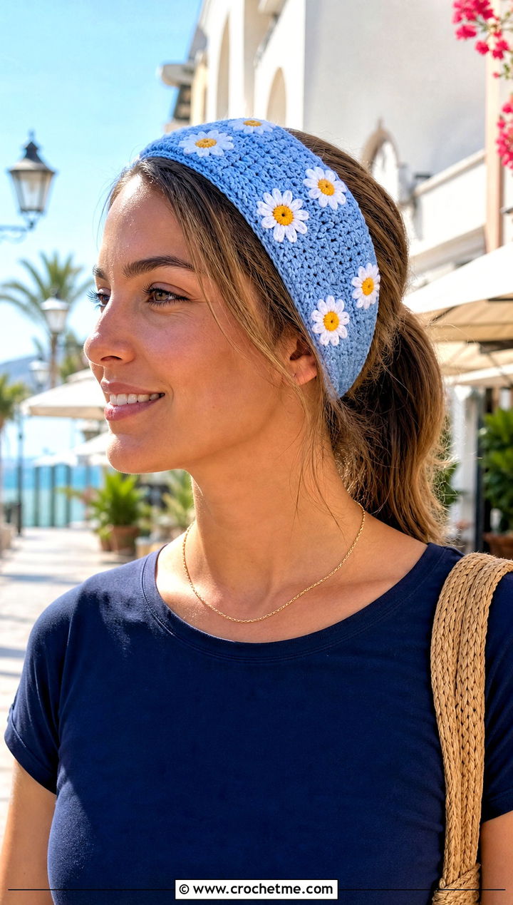 Daisy Crochet Headband With T Shirt And Bermuda Shorts - 15 summer crochet headband outfit ideas