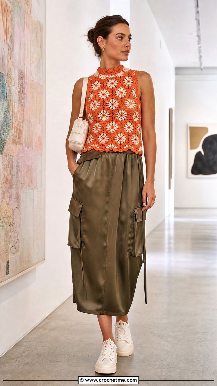 Daisy Crochet High Neck Top With Satin Cargo Skirt - 35 crochet daisy top outfit ideas