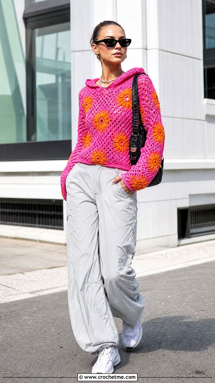 Daisy Crochet Hoodie Top With Parachute Pants - 35 crochet daisy top outfit ideas